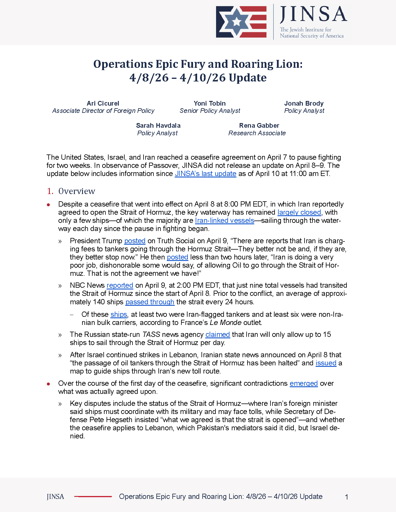 صفحه نخست PDF گزارش JINSA درباره عملیات Epic Fury و Roaring Lion در بازه ۸ تا ۱۰ آوریل ۲۰۲۶