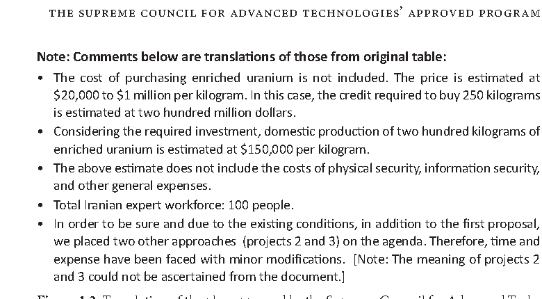 شکل ۱.۲. ترجمه برنامه‌ای که شورای عالی فناوری‌های پیشرفته تصویب کرد و طرح ساخت سلاح هسته‌ای را توصیف می‌کند.