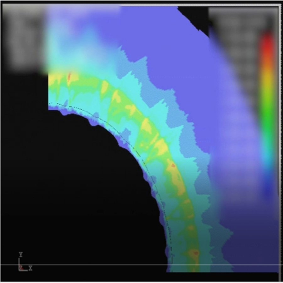 شکل ۳.۳. شبیه‌سازی برگرفته از مدل‌سازی هیدرودینامیکی یک انفجار هسته‌ای از آرشیو هسته‌ای.