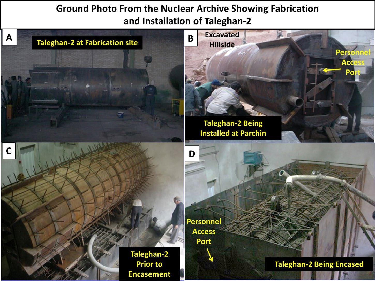شکل ۴.۱۳. عکس‌های بیرونی آرشیو از سایت سانجاریان، ساختمانی که فعالیت‌های آزمون مولد موج ضربه را در خود جای داده بود. وجود برق‌گیر با ساختمانی که با مواد منفجره شدید سروکار دارد، سازگار است. نشانه‌گذاری‌ها از مؤسسه.