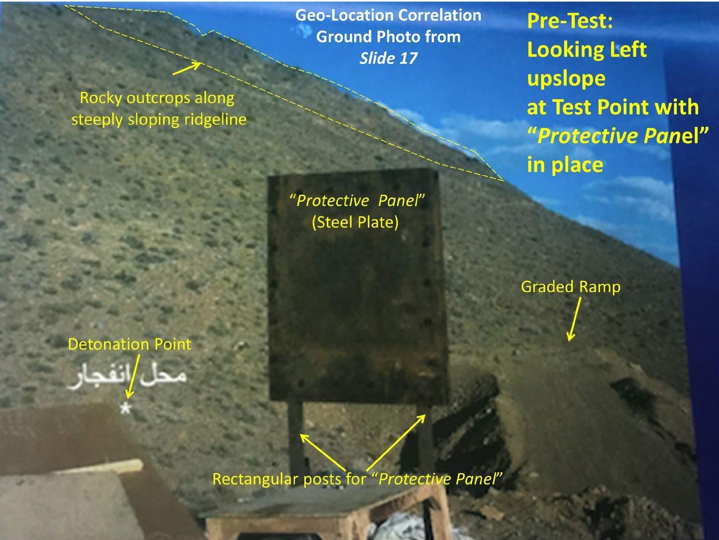 شکل ۴.۳۲. تصویری از ۲۰۰۶ از سایت آزمون ماریوان که برای آزمون‌های بزرگ‌مقیاس مرتبط با سلاح هسته‌ای در ۲۰۰۳ به کار می‌رفت، در حدود ۱.۵ کیلومتر شمال‌شرقیِ سایت پشتیبانی لجستیکی. درون‌تصویرِ زمینی از آرشیو هسته‌ای و درون‌تصویر ماهواره‌ای اخیرِ سنگر احتمالی کنترل نیز دیده می‌شود.