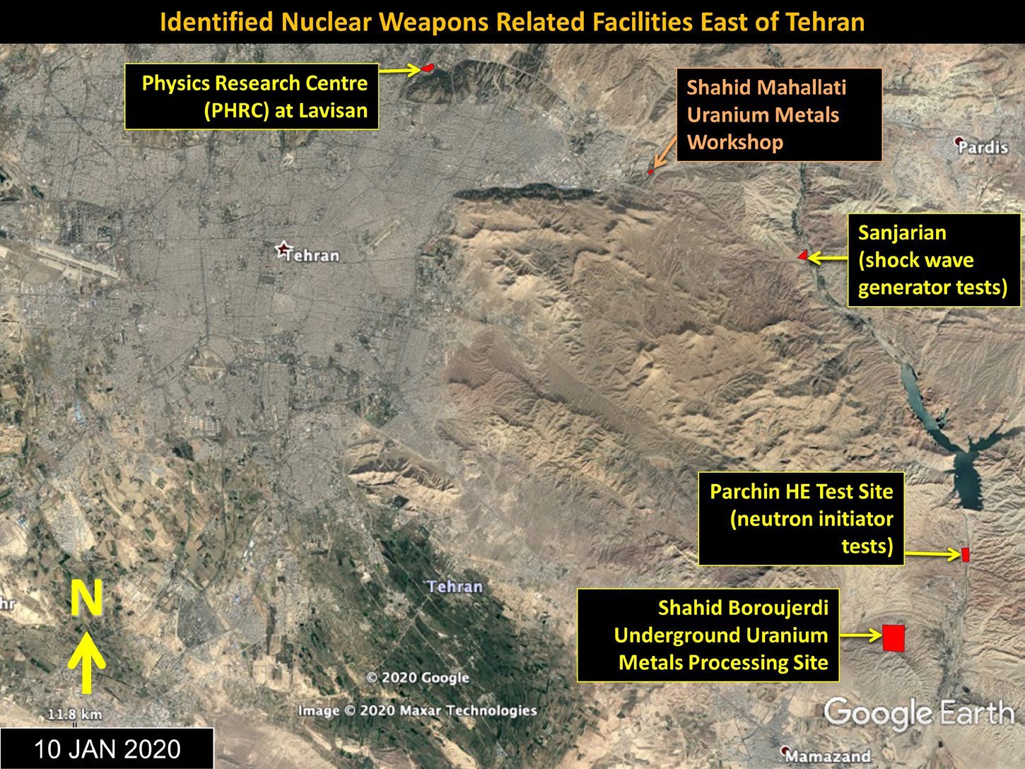 شکل ۵.۶. کارگاه فلزات اورانیومیِ شهید محلاتی. تصویری از Maxar Technologies در ۲۹ ژوئیه ۲۰۰۲، پس از انتخاب سایت و اندکی پیش از آغاز بازسازی گسترده آن.