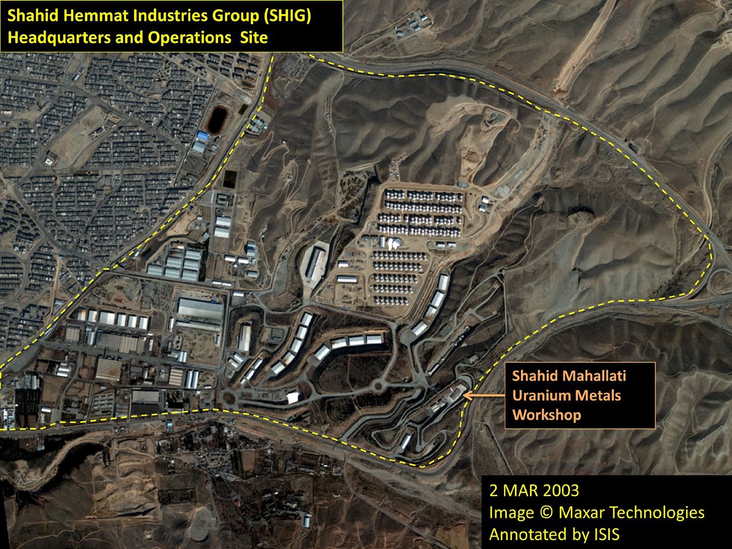 شکل ۵.۷. کارگاه فلزات اورانیومی در نسبت با دیگر سایت‌های شناسایی‌شده مرتبط با سلاح هسته‌ای در منطقه بزرگ‌تر شرق تهران.