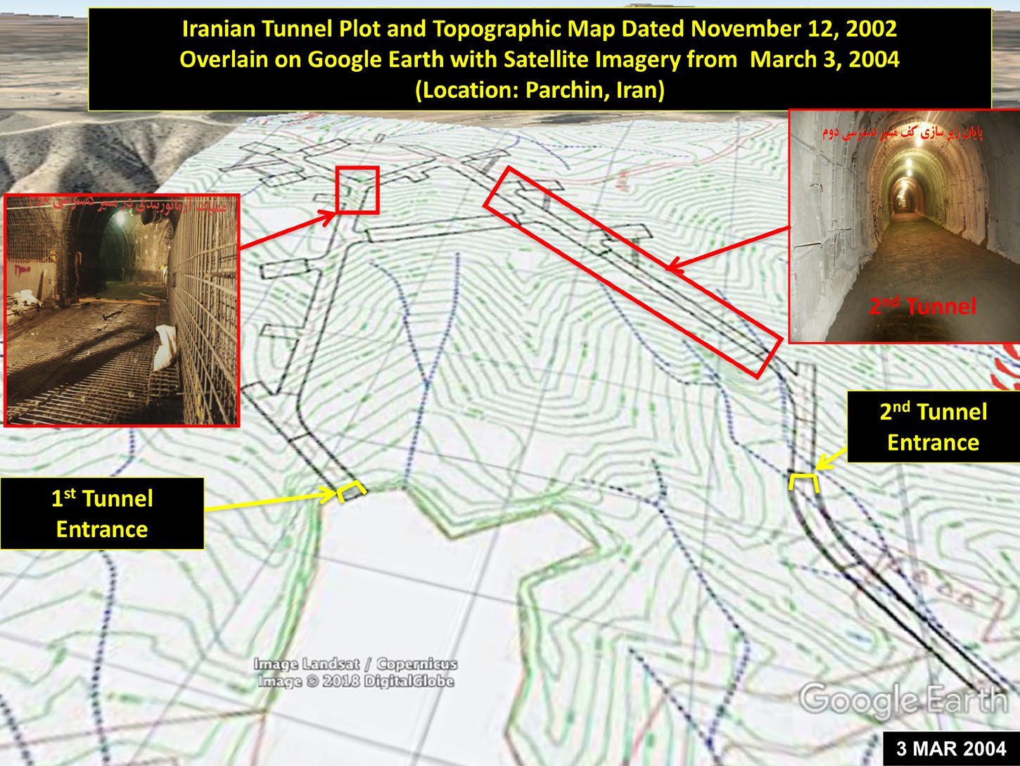 شکل ۶٫۱۲. ساخت تونل‌ها در بهار ۲۰۰۳ در دو تصویر از آرشیو هسته‌ای دیده می‌شود. محل تقریبی ساخت بر روی یک نقشه تونل از آرشیو مشخص شده و روی تصویر گوگل ارث هم‌پوشانی شده است.