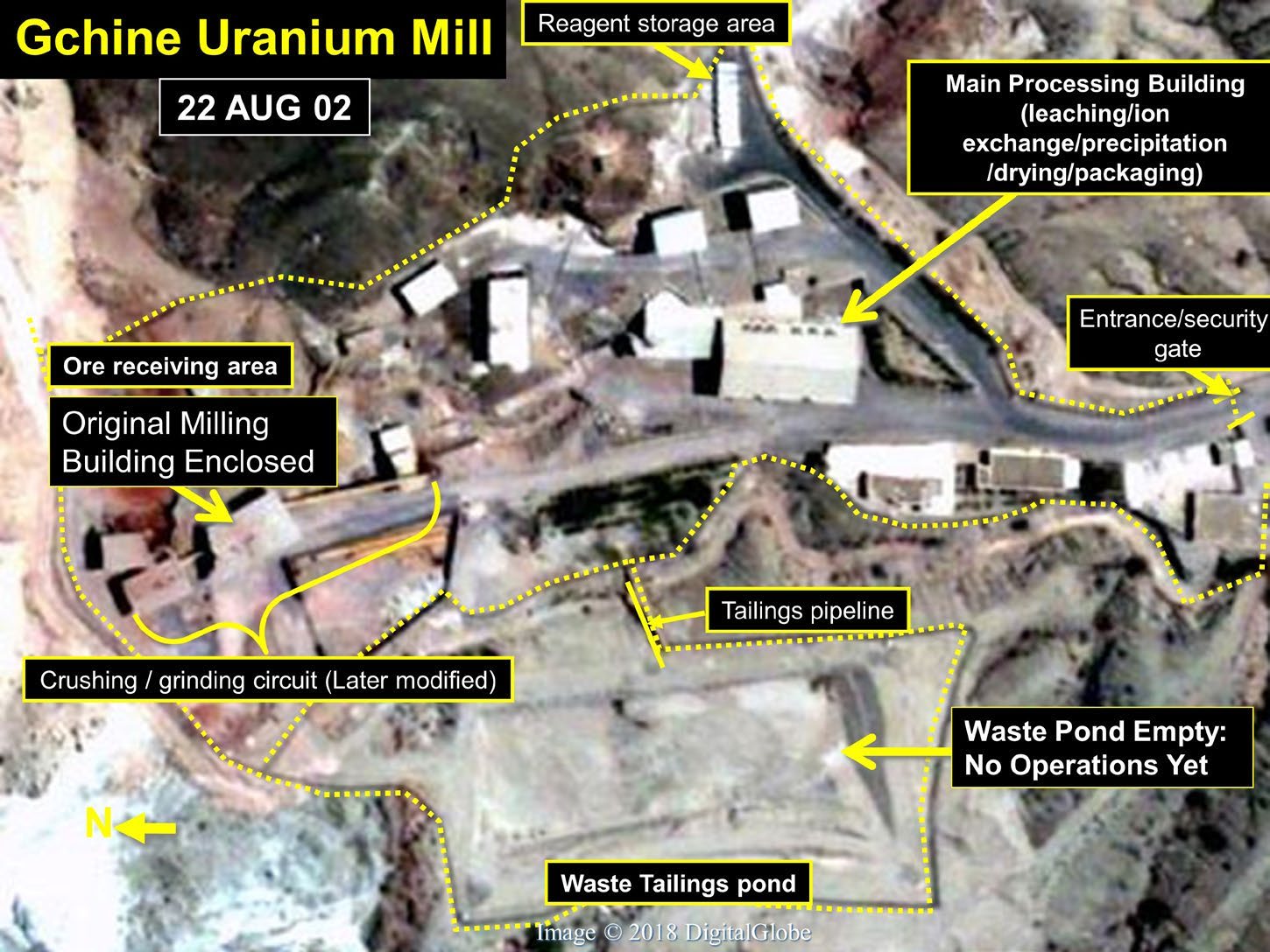 شکل ۸.۳. تصویر ماهواره‌ای تجاری از آسیاب اورانیوم گچین در ۲۲ اوت ۲۰۰۲. منبع: Frank Pabian, “Evidence from Imagery: The Iran and Syrian Nuclear Programs–An Open & Shut Case?” LA-UR08-04559, Los Alamos National Laboratory, ۲۸ اکتبر ۲۰۰۸.