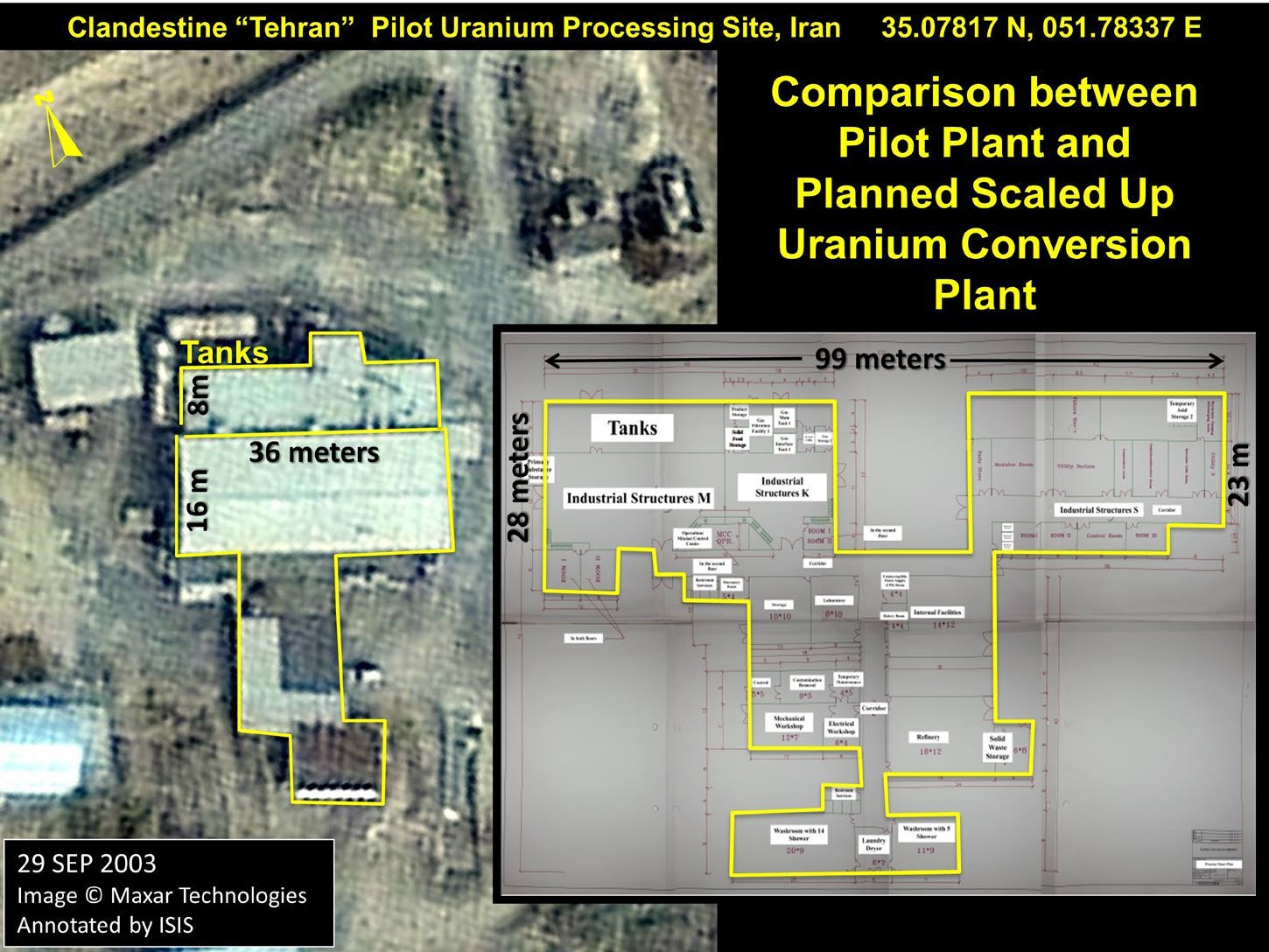 شکل ۸.۱۲. مقایسه میان کارخانه پایلوت تبدیل اورانیوم («کارخانه تهران») و طرح کارخانه تبدیل اورانیوم بزرگ‌تر («کارخانه جدید تهران»). یکی از نقاط مقایسه قابل‌توجه، جای‌گذاری انبار مواد خام، یعنی «مخازن» شیمیایی، است که در هر دو چیدمان در گوشه بالا-چپ قرار دارند. نمودار درون‌نما را می‌توان در شکل ۶ گزارش “New Information about Iran’s Production of Uranium Hexafluoride under the Amad Plan” دید.