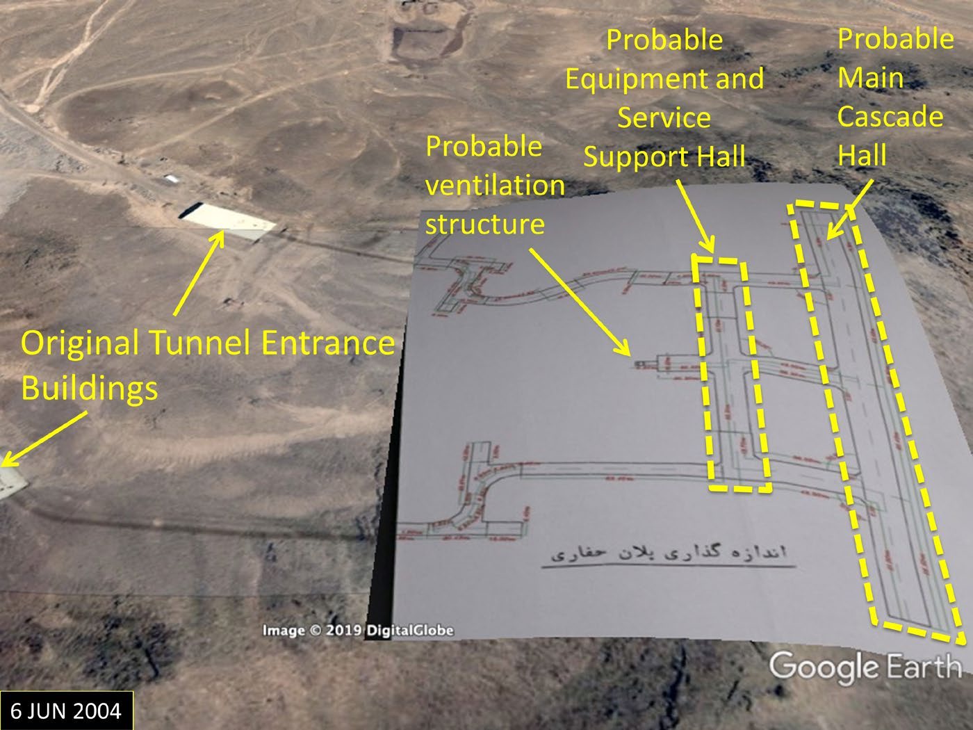 شکل ۸.۱۸. نقشه طراحی امضاشدهِ کارخانه غنی‌سازی زیرزمینی، که در آن عنوان سمت راست به فارسی می‌گوید: «اندازه‌گیری حفاری». عدد پایین کنار امضاها ۱۰۶ است و ۱۰۵ در بالا قرار دارد؛ شاید یکی از آن‌ها شماره صفحه باشد. در بالا نوشته شده است «فصل ۳». همچنین دست‌نویسی در بالا و میانه نقشه دیده می‌شود که خوانا نیست.