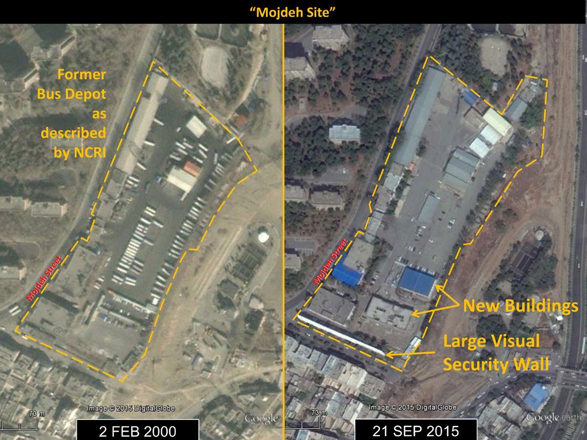 شکل ۱۴.۱. تصاویر Google Earth از سایت موجده که گفته می‌شود از ۲۰۱۱ به بعد محل SPND بوده است و تغییر آن را از سال ۲۰۰۰، وقتی که انبار اتوبوس بود، تا ۲۰۱۵، وقتی به مکانی مهم برای SPND تبدیل شد، نشان می‌دهد. NCRI نخستین گروهی بود که این سایت را علناً شناسایی کرد. این مکان در Wikimapia نیز با نام «مؤسسه فیزیک کاربردی (IAP)» برچسب خورده است. اعتبار شناسایی: فرانک پابین.