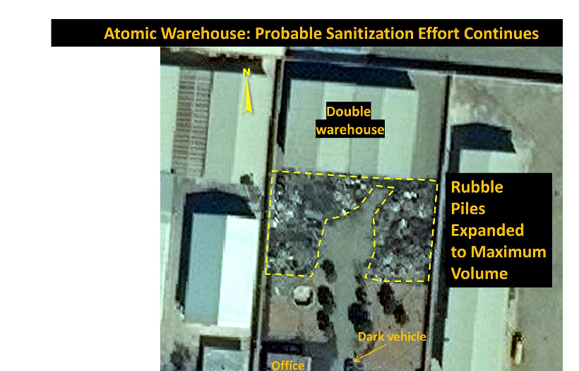 شکل ۱۴.۱۷. سایت تورقوزآباد در ۱۹ فوریه ۲۰۱۹، سه روز پیش از بازدید آژانس، با یک توده بزرگ نخاله که به‌نظر می‌رسد بخشی از روند ادامه‌دار پاک‌سازی باشد.